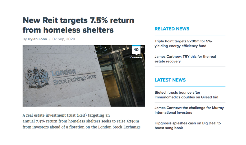 Follow The Money – New Reit Targets 7.5% Return from Homeless Shelters